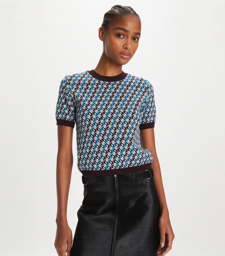 Tory Sport designer sweaters Jacquard Sweater in Aqua Blue Linked Geo 3 Color on model detail