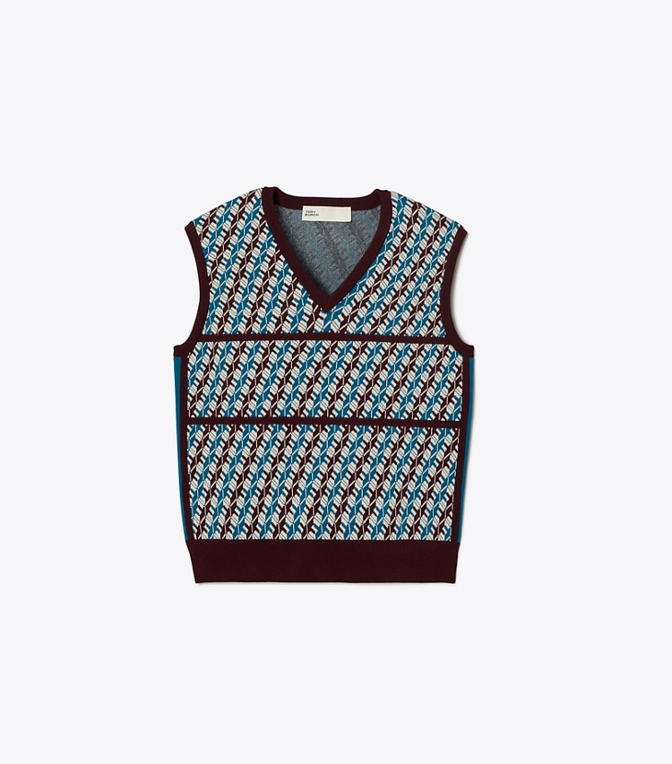 Tory Sport designer sweaters Jacquard Sweater Vest in Aqua Blue Linked Geo 3 Color front