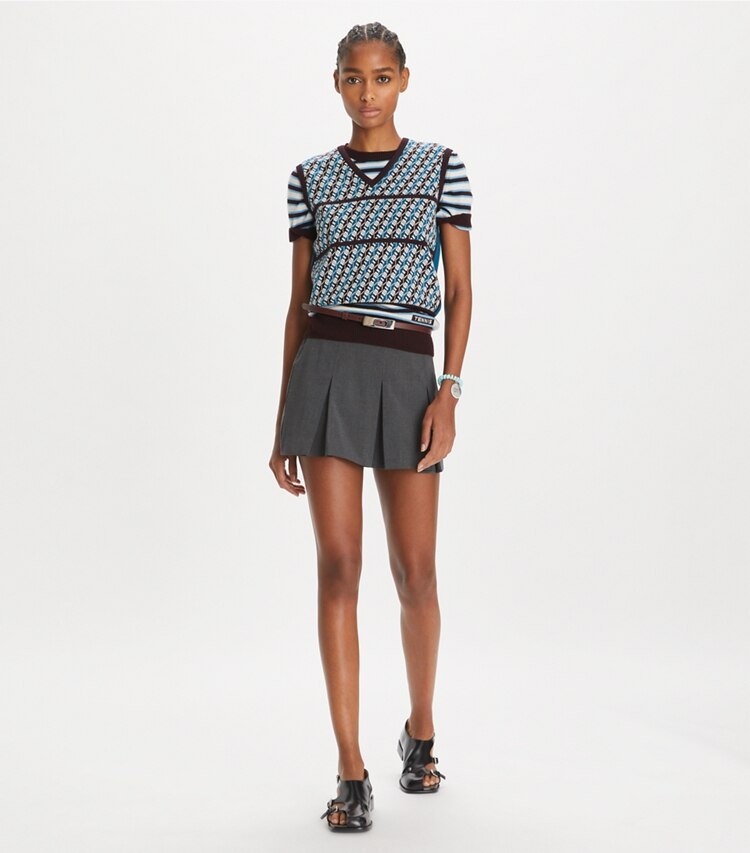 Tory Sport designer sweaters Jacquard Sweater Vest in Aqua Blue Linked Geo 3 Color on model front