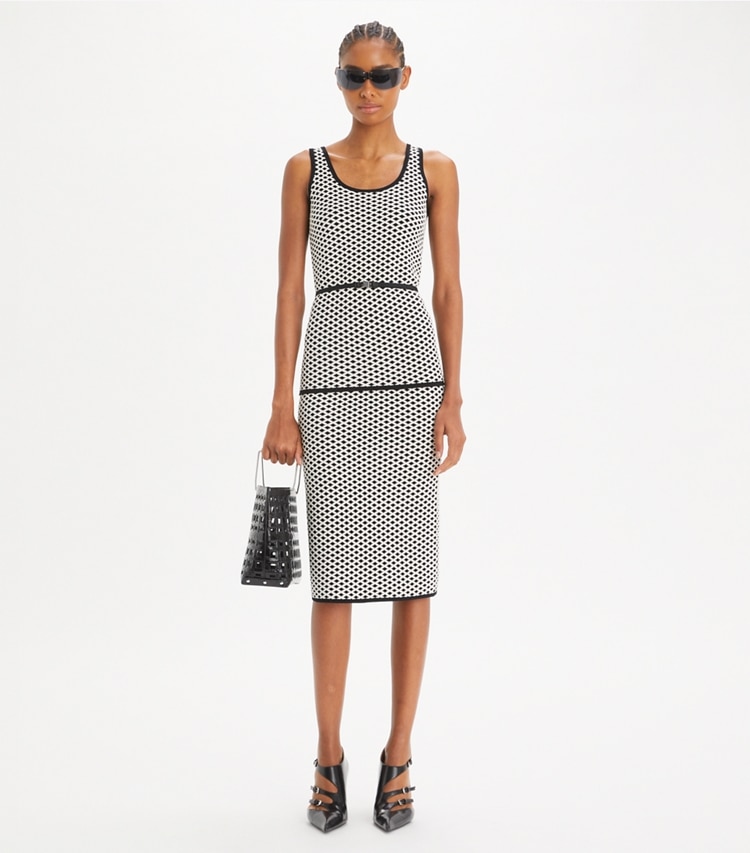 Tory Burch designer tops Jacquard Tank Top in Black / New Ivory on model front
