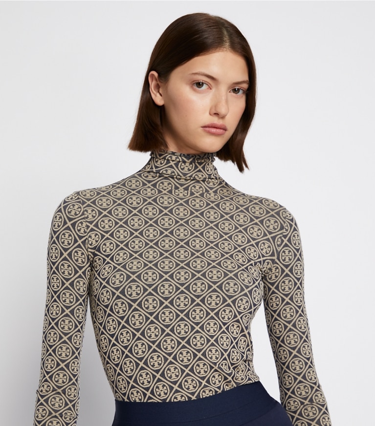 Tory Sport designer トップス ジャカード ティシューシームレス ロングスリーブ モックネック in TORY NAVY T MONOGRAM SMALL SPORT front