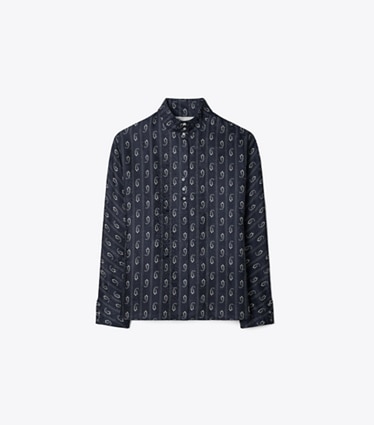 Tory Burch designer tops Jacquard Top in Medium Navy Pajama Print front