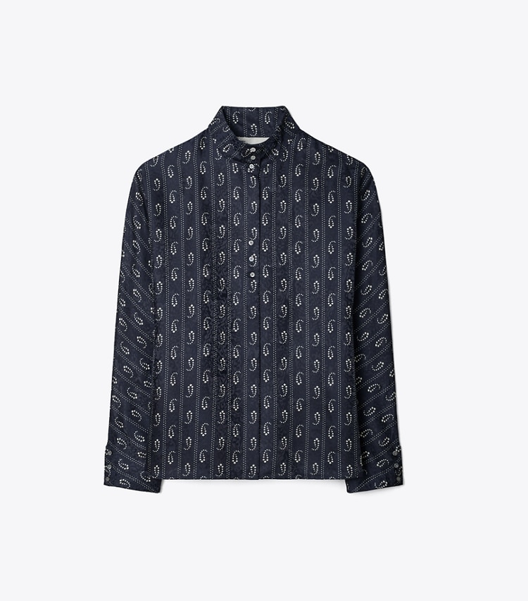 Tory Burch designer tops Jacquard Top in Medium Navy Pajama Print front