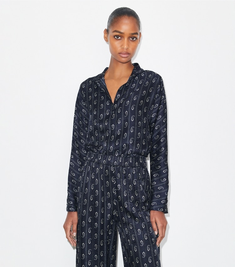 Tory Burch designer tops Jacquard Top in Medium Navy Pajama Print on model detail