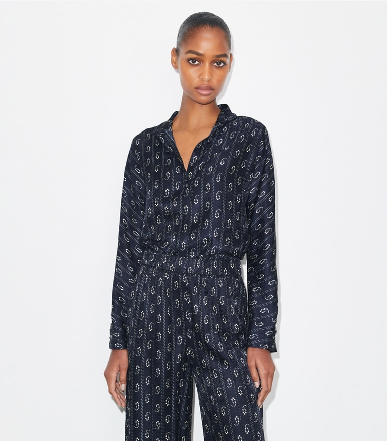 Tory Burch designer tops Jacquard Top in Medium Navy Pajama Print front