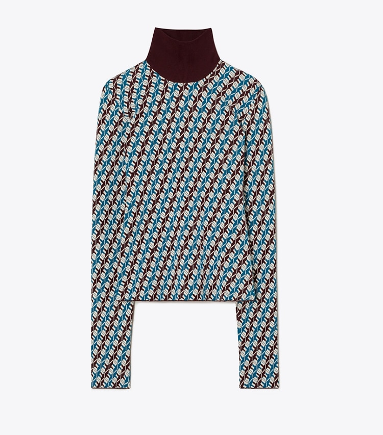 Tory Sport designer セーター ジャカード タートルネック in Aqua Blue Linked Geo 3 Color front