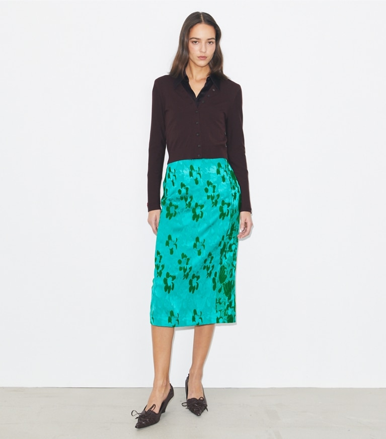 Tory Burch designer bottoms Jacquard Viscose Skirt in Emerald front