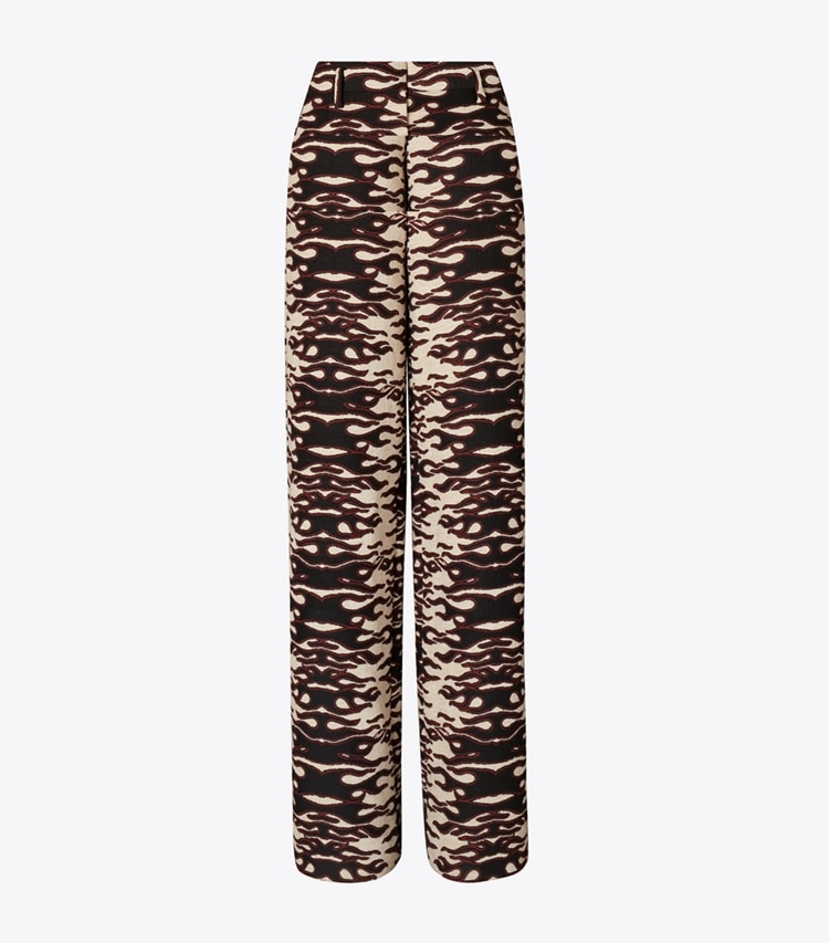 Tory Burch designer bottoms Jacquard Wide-Leg Pants in Black/Red Flame Chenille Jacquard front
