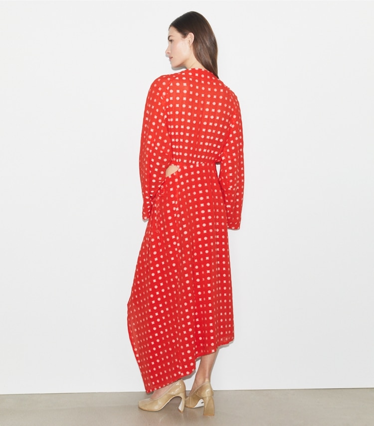 Tory Burch designer dresses Jacquard Wrap Dress in Pepperoncini Nothing Ditsy on model back