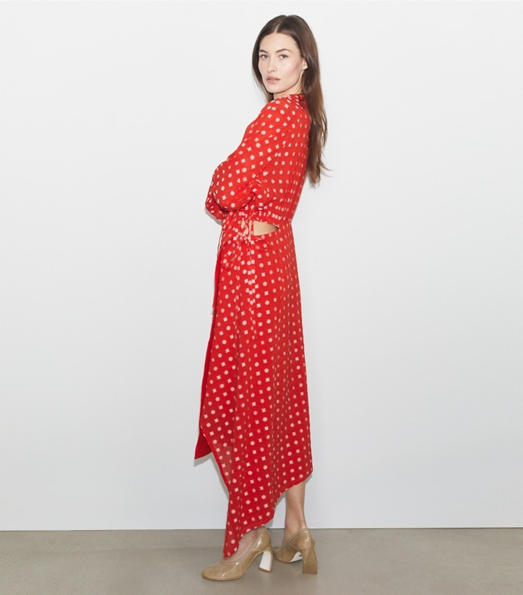 Tory Burch designer dresses Jacquard Wrap Dress in Pepperoncini Nothing Ditsy on model front