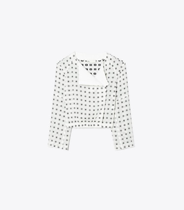 Tory Burch designer tops Jacquard Wrap Top in Marshmallow Nothing Ditsy front
