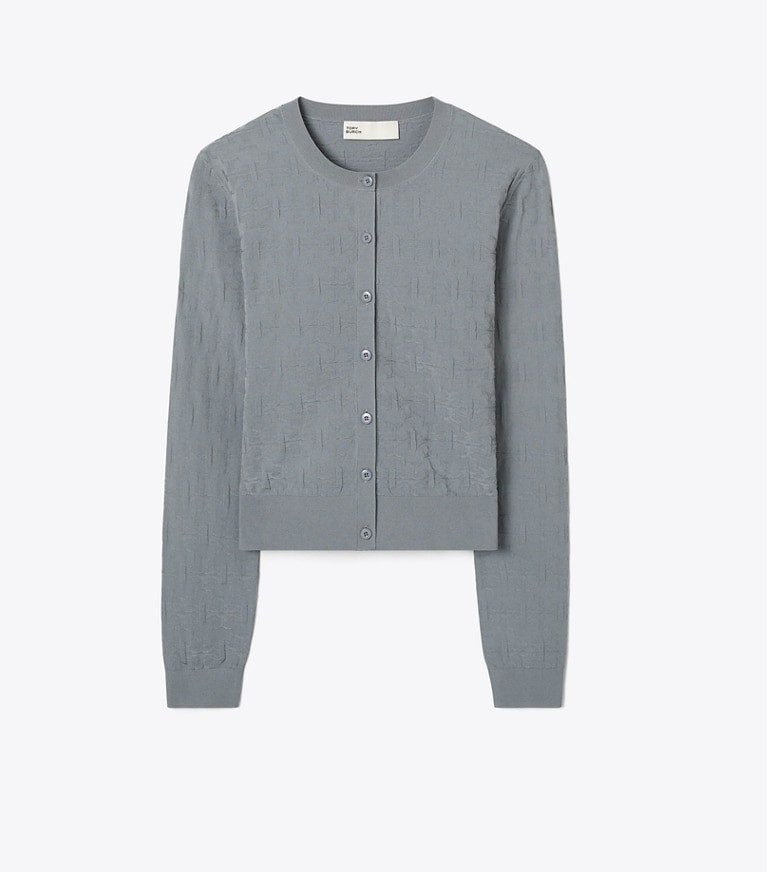 Tory Burch designer strickware Jacquardcardigan mit T-Monogramm in Icicle Gray front