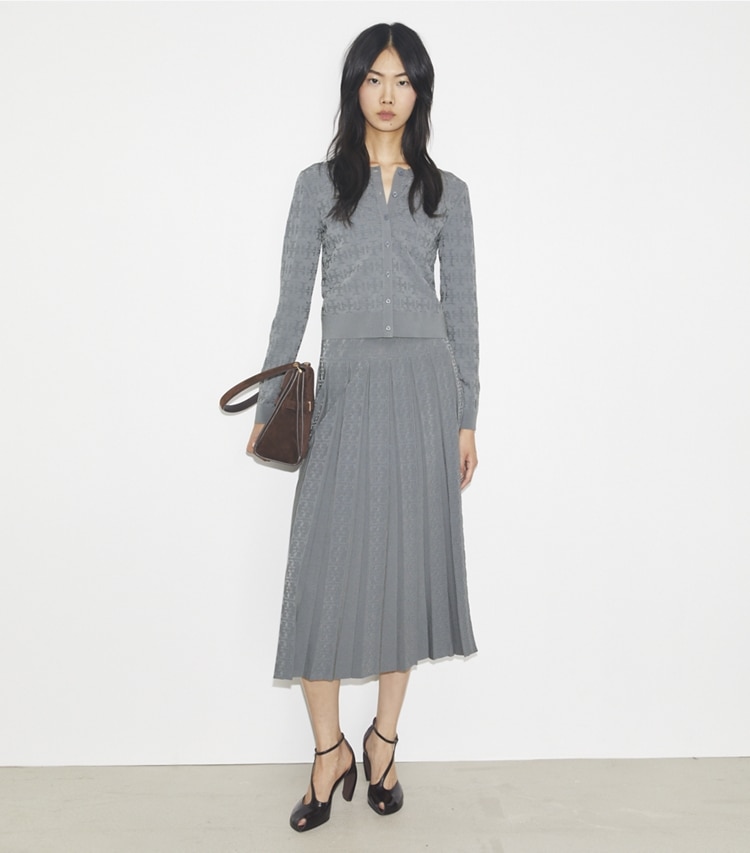 Tory Burch designer unterteile Jacquardrock mit T-Monogramm in Icicle Gray modell von vorn