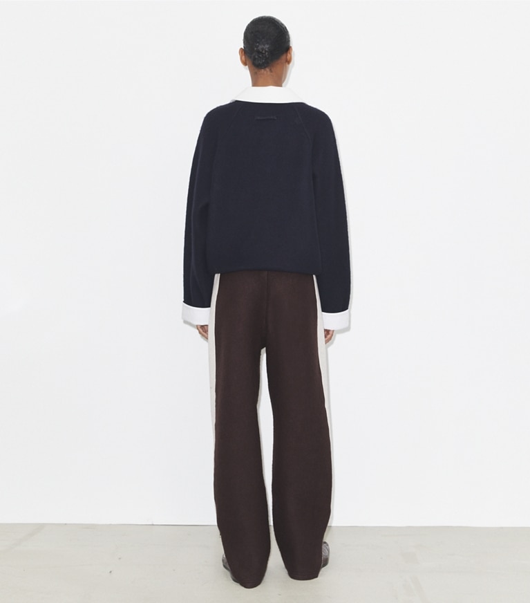 Tory Burch designer ボトムス カラーブロック ウール スウェットパンツ in Mocha / Ivory front