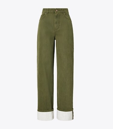 Tory Burch designer bas Jean à revers dans Distressed Green de face