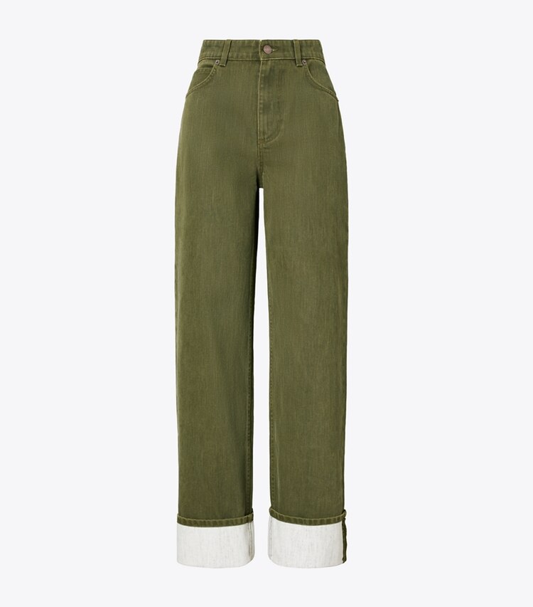 Tory Burch designer bas Jean à revers dans Distressed Green de face