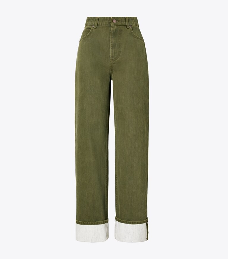 Tory Burch designer bas Jean à revers dans Distressed Green de face
