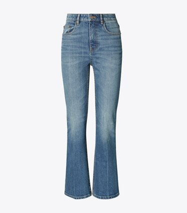 Tory Burch designer bas Jean évasé coupe 7/8 dans Medium Vintage Wash de face