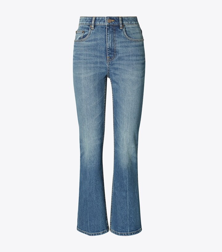 Tory Burch designer bas Jean évasé coupe 7/8 dans Medium Vintage Wash de face