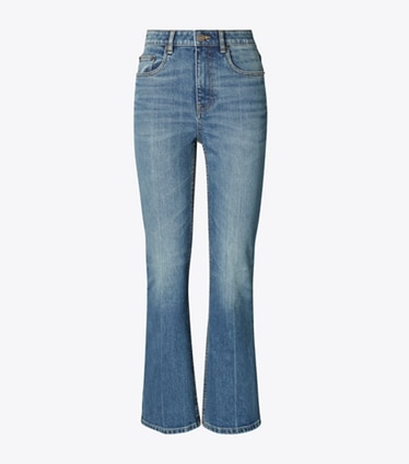 Tory Burch designer bas Jean évasé court in Medium Vintage Wash front
