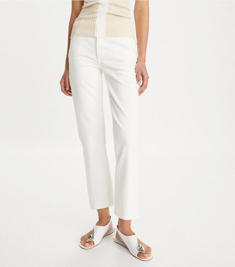 Tory Burch designer bas Jean évasé in White Chalk Wash front