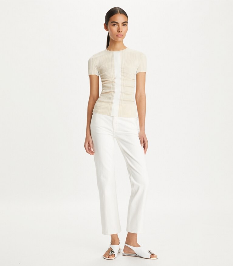 Tory Burch designer bas Jean évasé in White Chalk Wash front