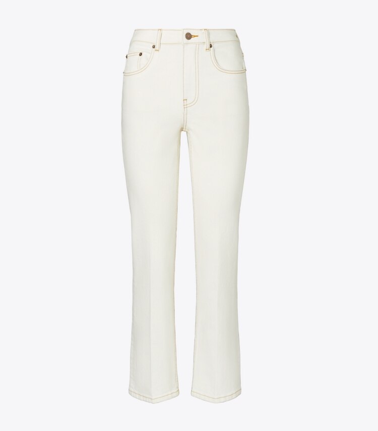 Tory Burch diseñador prendas inferiores Jean acampanado recortado en White Chalk Wash frente