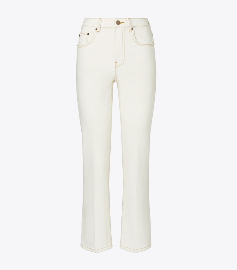 Tory Burch diseñador prendas inferiores Jean acampanado recortado en White Chalk Wash frente