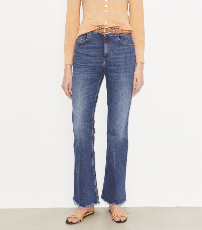 Tory Burch designer bas Jean bootcut in Dark Vintage Wash on model detail
