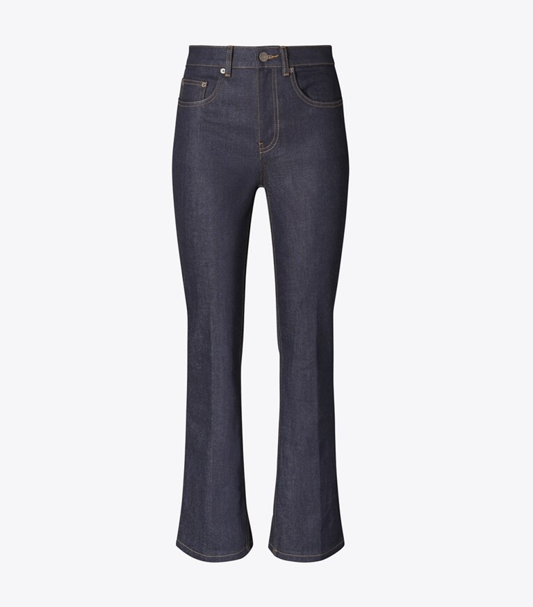 Tory Burch designer bas Jean coupe 7/8 évasé in Raw/Unwashed front