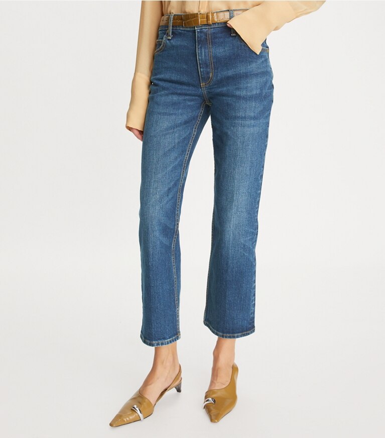 Tory Burch designer bas Jean coupe 7/8 évasé in Dark Vintage Wash front