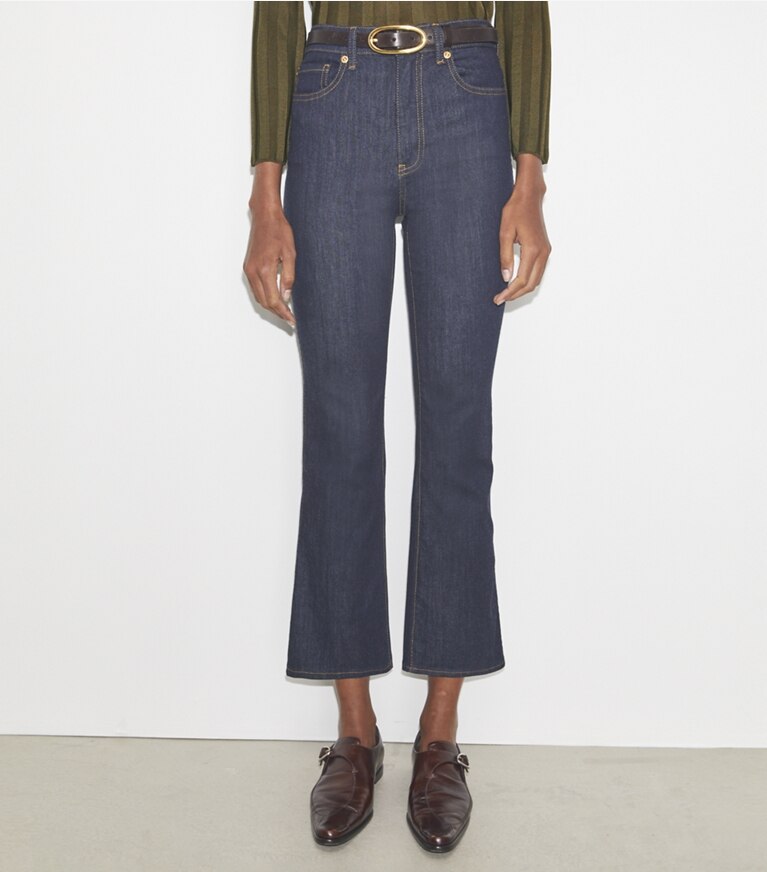 Tory Burch designer bas Jean coupe 7/8 évasé in Raw/Unwashed front