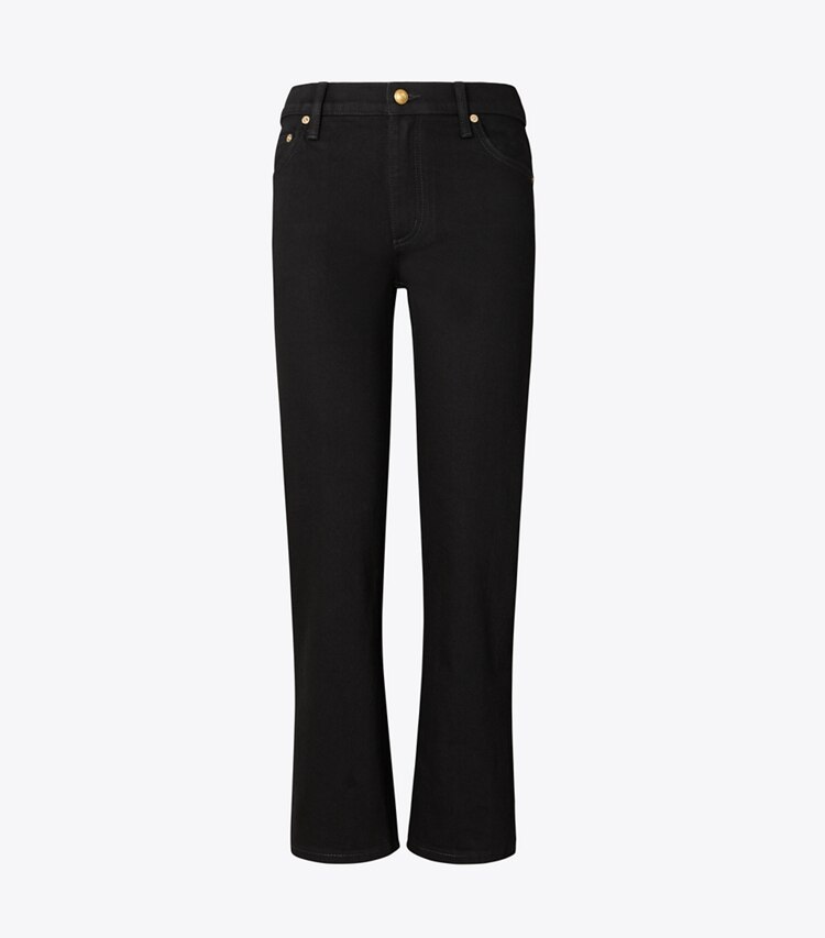 Tory Burch designer bas Jean coupe 7/8 légèrement évasé in Black Rinse Wash front