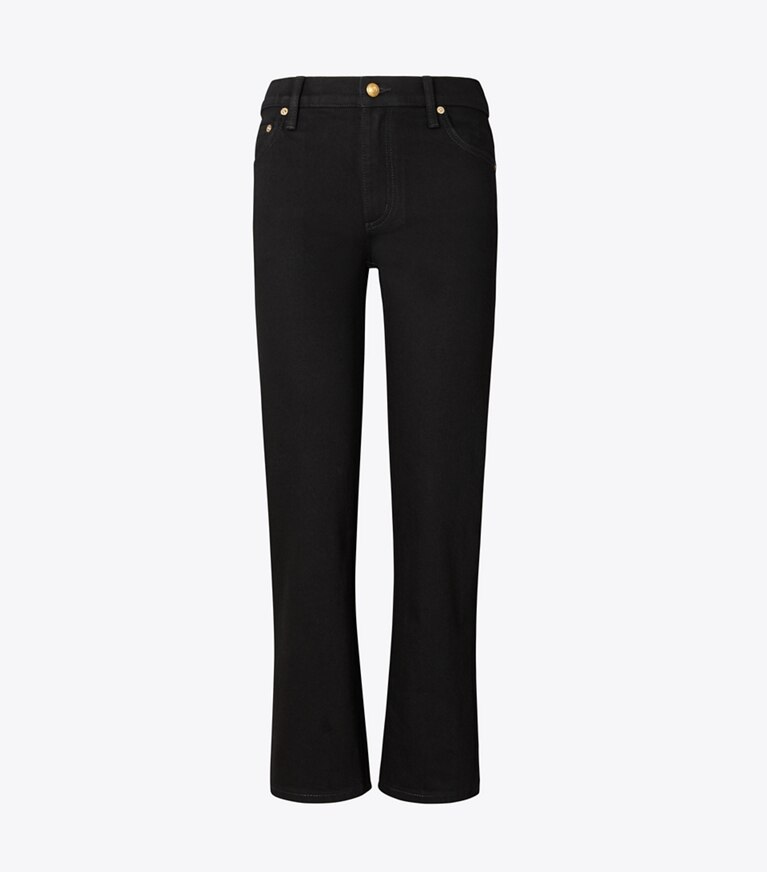 Tory Burch designer bas Jean coupe 7/8 légèrement évasé in Black Rinse Wash front