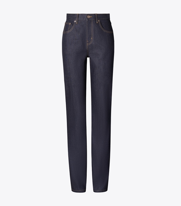 Tory Burch designer bas Jean coupe droite dans Raw/Unwashed de face