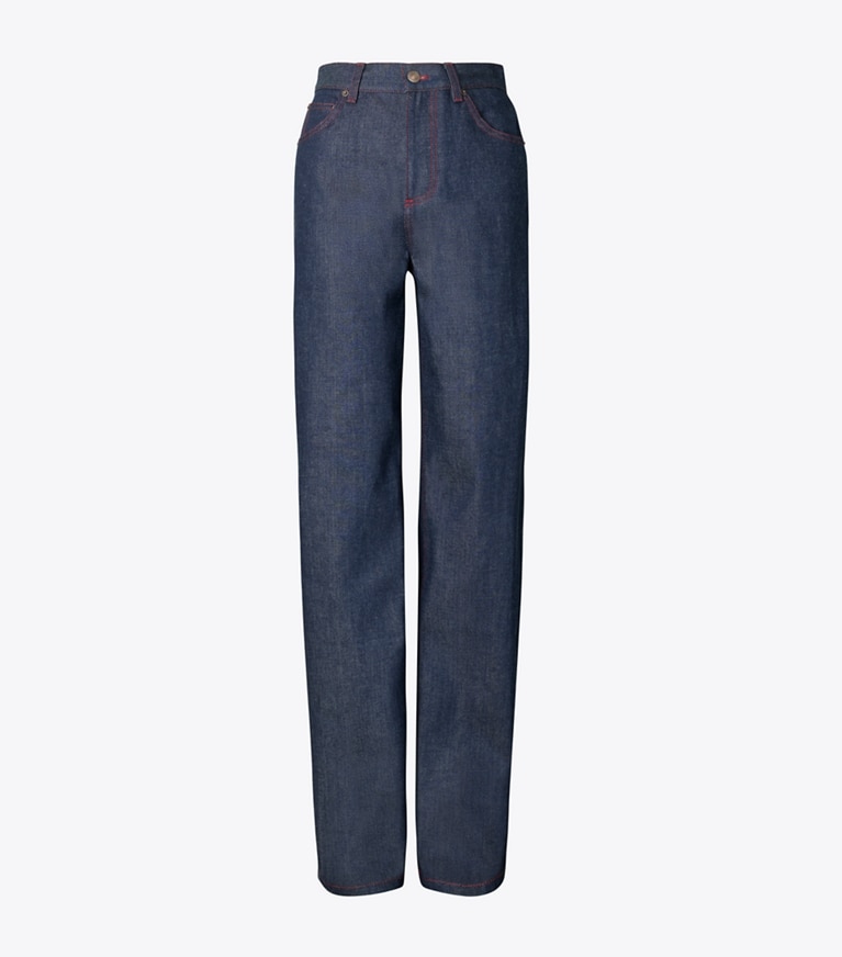 Tory Burch designer bas Jean coupe droite dans Raw/Unwashed de face