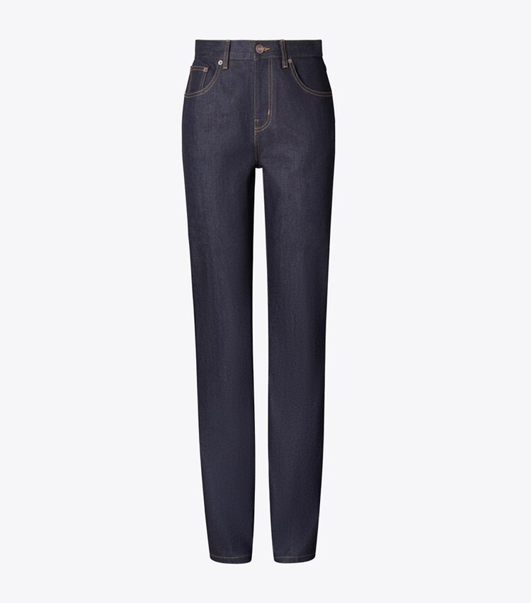 Tory Burch diseñador prendas inferiores Jean de denim de pierna recta en Raw/Unwashed frente