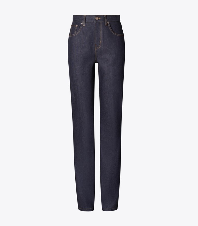 Tory Burch diseñador prendas inferiores Jean de denim de pierna recta en Raw/Unwashed frente