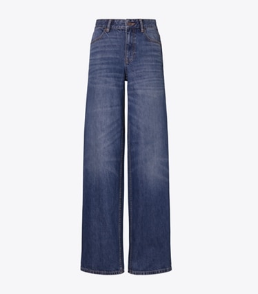 Tory Burch diseñador prendas inferiores Jean de pierna ancha en Dark Vintage Wash frente