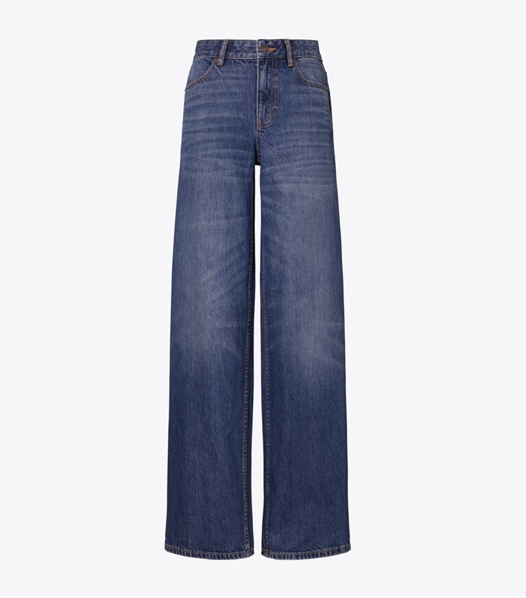 Tory Burch diseñador prendas inferiores Jean de pierna ancha en Dark Vintage Wash frente
