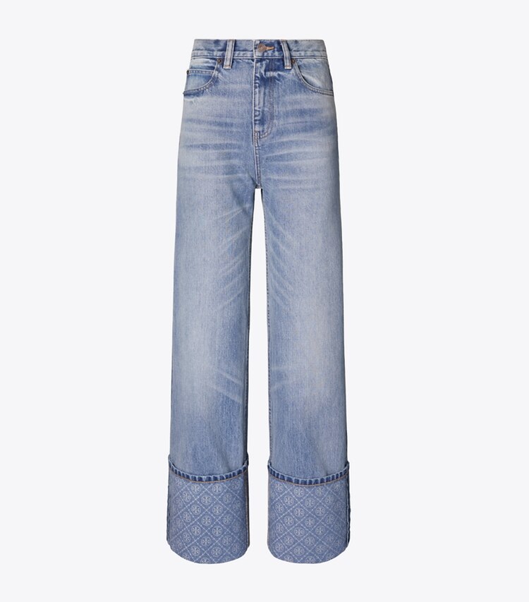 Tory Burch diseñador prendas inferiores Jean de pierna recta con puños en contraste en Light Vintage Wash frente