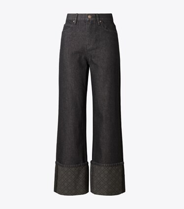 Tory Burch designer bas Jean droit T Monogram à revers contrastants dans Rinse Wash de face