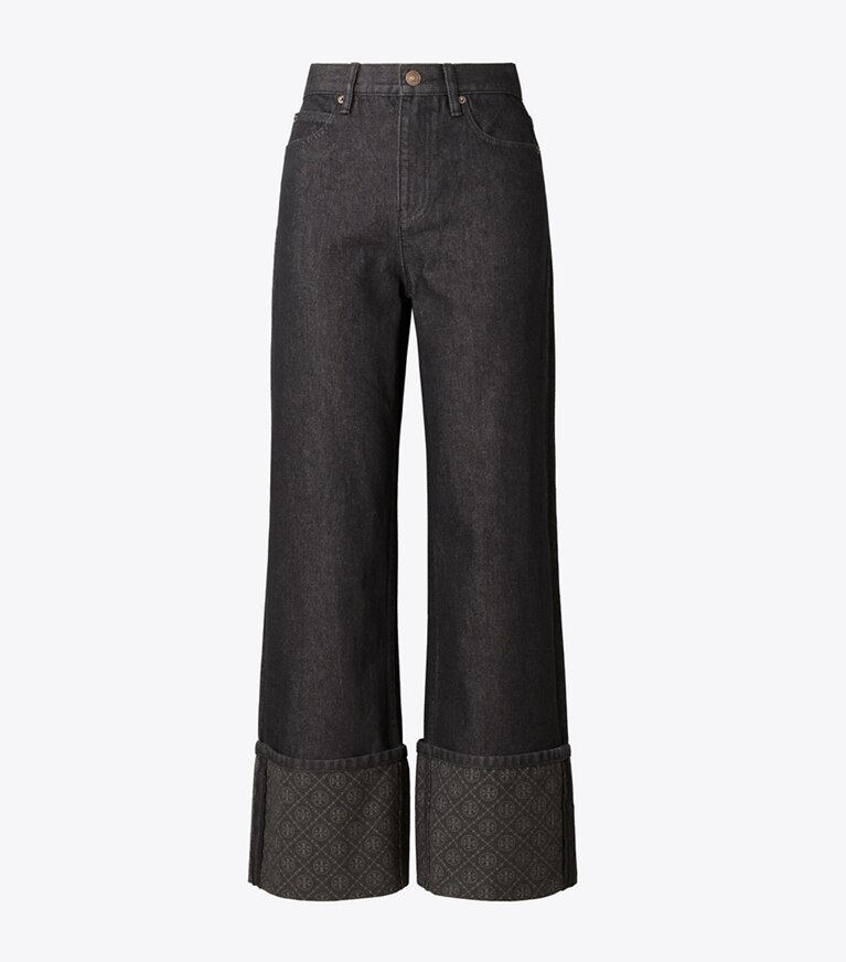 Tory Burch designer bas Jean droit T Monogram à revers contrastants dans Rinse Wash de face