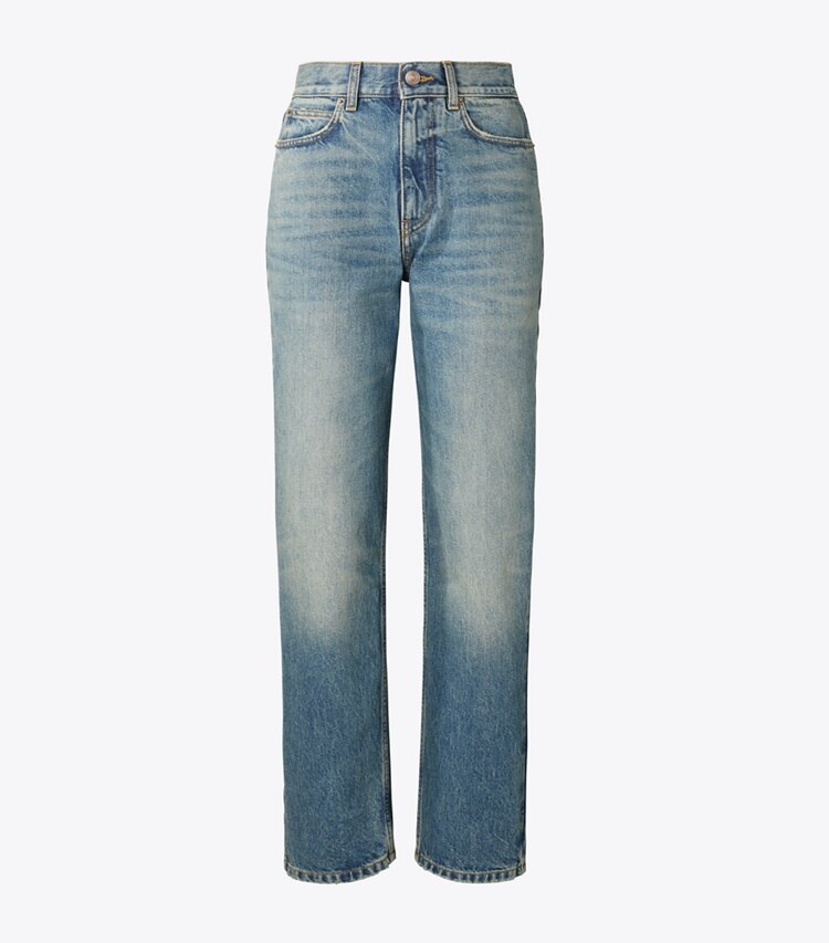 Tory Burch designer bas Jean droit à jambe large dans Classic Vintage Blue Wash de face