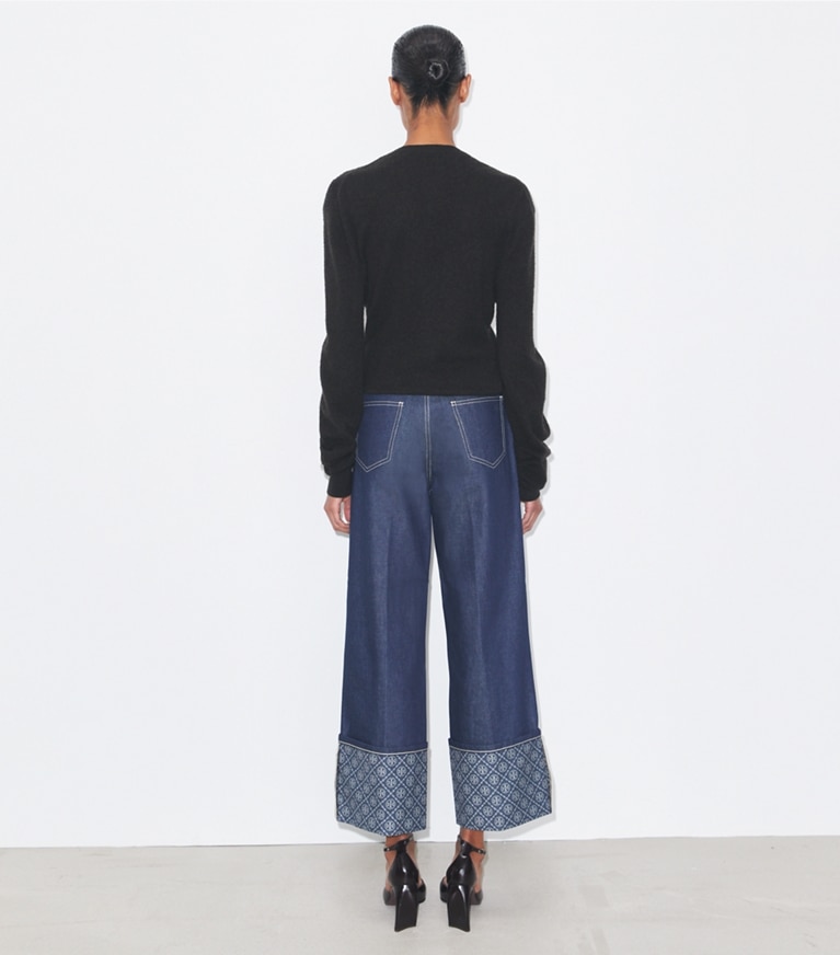 Tory Burch designer bas Jean droit à revers contrastés in Raw/Unwashed front