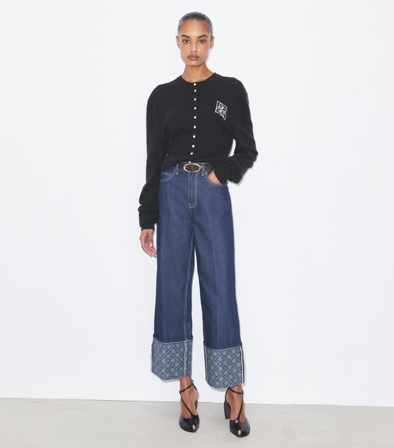 Tory Burch designer bas Jean droit à revers contrastés in Raw/Unwashed front