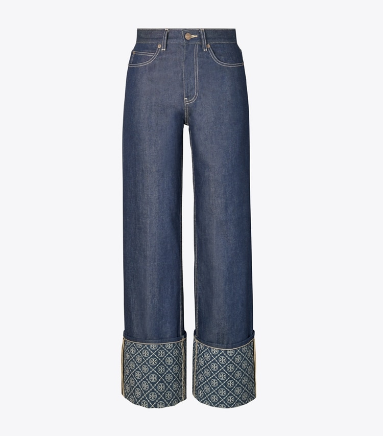 Tory Burch designer bas Jean droit T Monogram à revers contrastants dans Raw/Unwashed de face