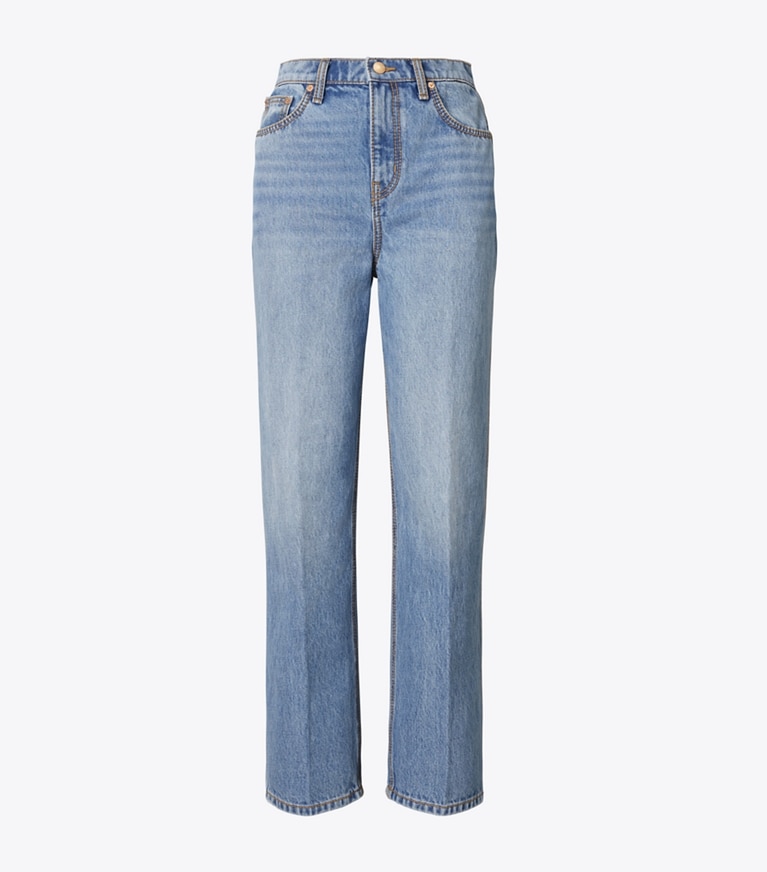 Tory Burch designer bas Jean droit taille haute dans Vintage Wash de face