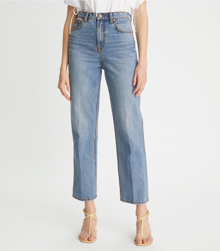 Tory Burch designer bas Jean droit taille haute dans Vintage Wash détail sur modèle