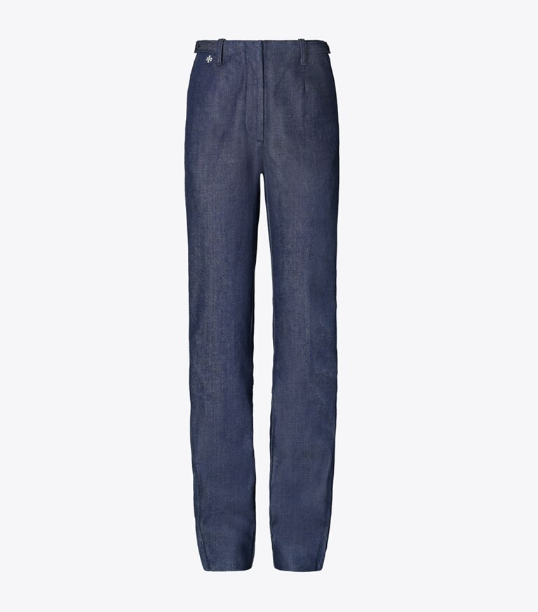 Tory Burch designer bas Jean en coton à fermeture éclair à la cheville dans Raw/Unwashed de face